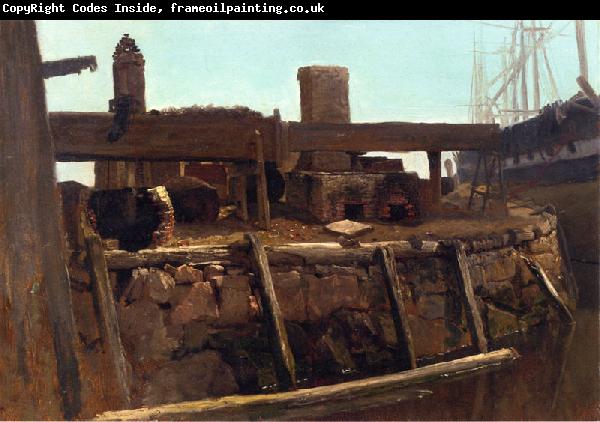 Albert Bierstadt Wharf Scene with Ship at Dock
